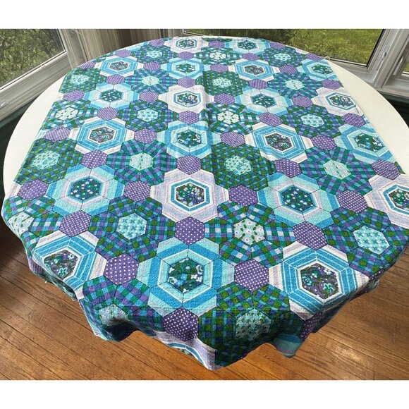 Vintage 70s curtain, blue, green purple faux patchwork, abstract floral panel - Picture 4 of 9